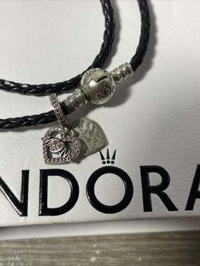 Pandora Moments Black Braided Double Leather Bracelet 925 Silver Box Mom Charms